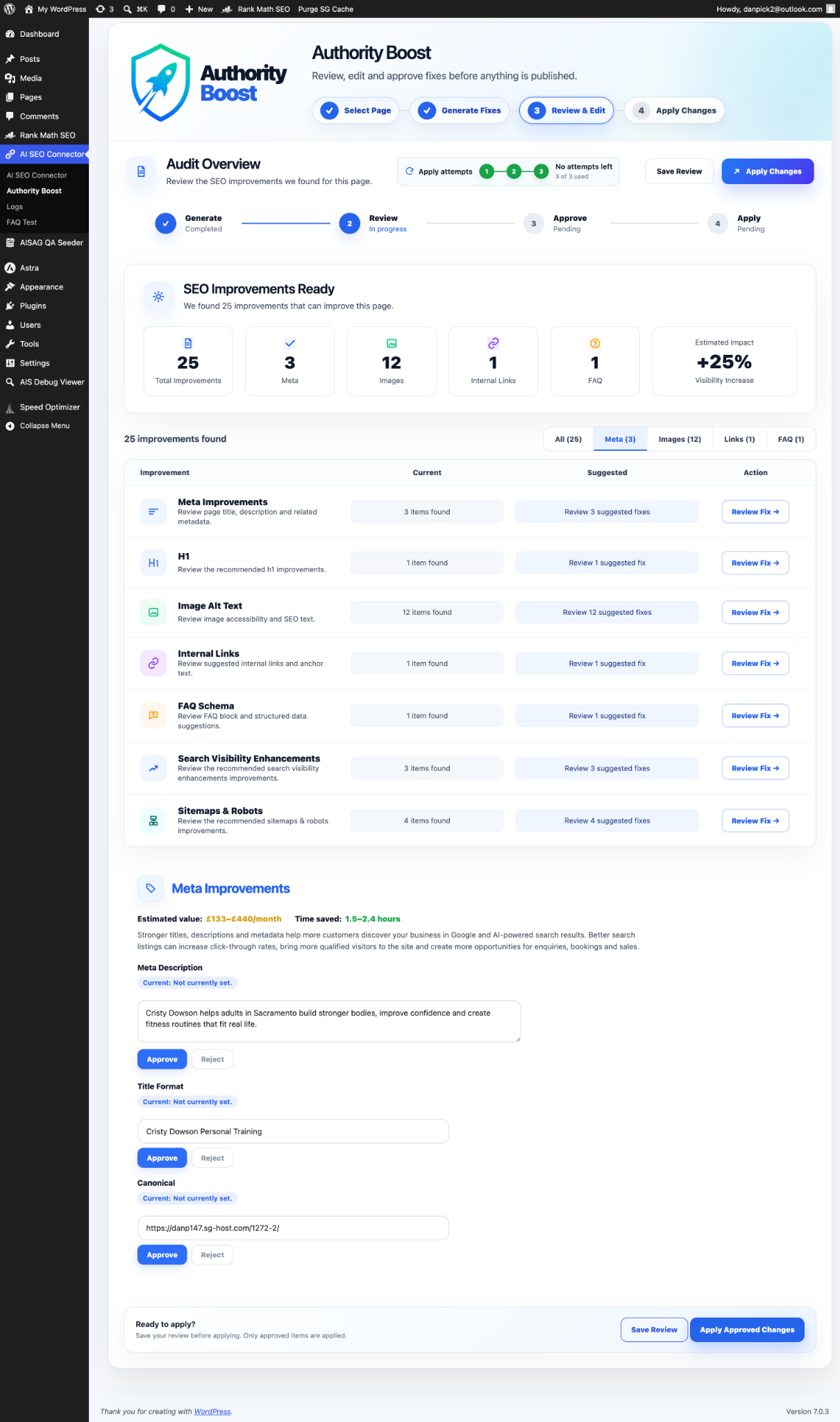 Authority Boost audit preview and edit interface