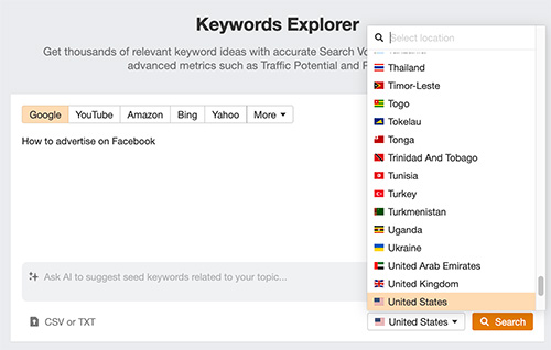 Ahrefs Keywords Explorer Tool to search Google USA