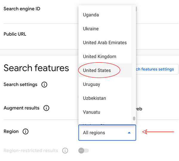 Set the region for the search engine