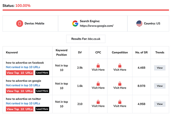 Small SEO Tools rank checker results